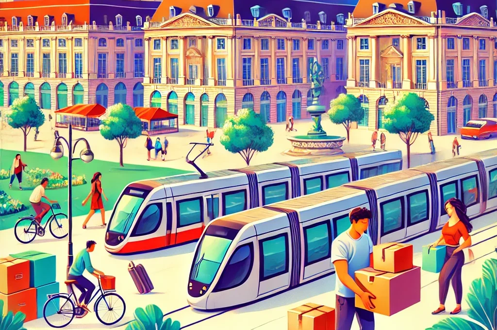 Illustration vibrante de Bordeaux montrant des monuments emblématiques, des personnes emménageant avec des cartons et des valises, et des options de transport comme des trams et des vélos